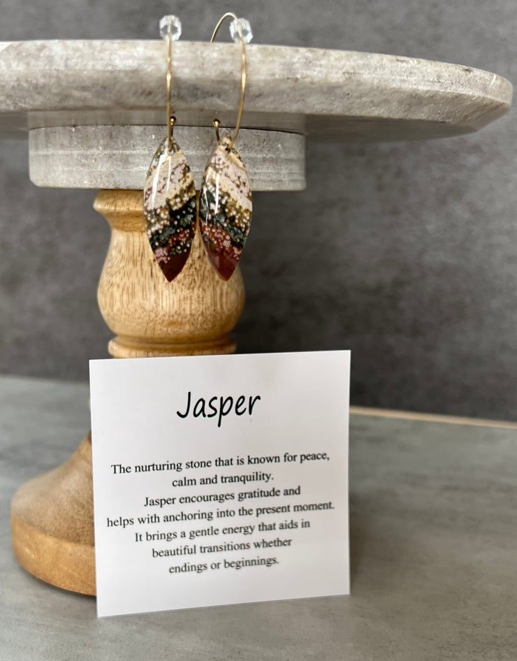 Jasper stone on hoop earrings. Each stone has a unique natural patten and varies in color. These stones are about 2.5cm to 3.5 cm long and are very light, which makes them easy to wear. Every set of earrings are paired with hoops to match, please see main page for specifics.