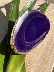 Purple Agate pop socket (popsocket) for use with iphone, androids, ipads, smartphones and other small tecnical devices. Used for easy grip of electronics as well as a beautiful phone accessory. It is an attachment that easily tapes onto the back of the device and pops in and out as needed for use. These agate slices are natural and pure agate stones imported from Brazil of the highest quality and beautifylly gold dipped on the rim.