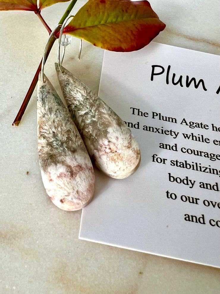 Plum Agate stone hoop earrings. Each stone has a unique natural patten and varies in color. These stones are about 2.5cm to 3.5 cm long and are very light, which makes them easy to wear. Every set of earrings are paired with hoops to match, please see main page for specifics.