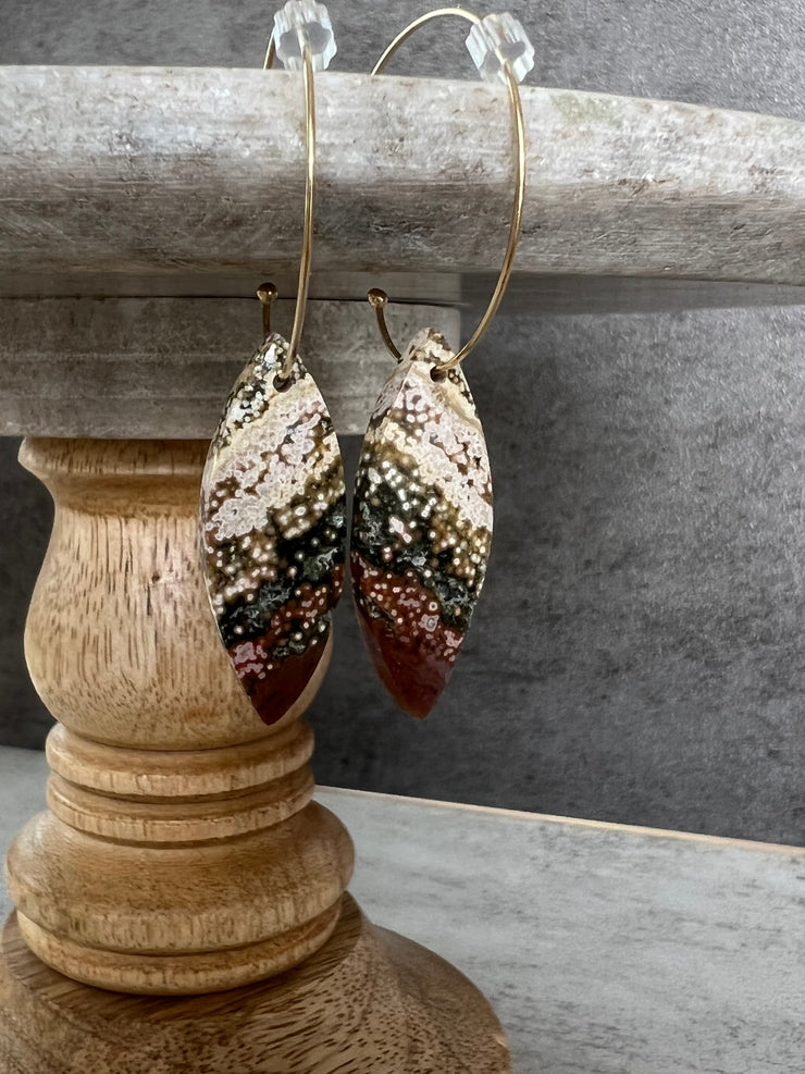 Jasper stone on hoop earrings. Each stone has a unique natural patten and varies in color. These stones are about 2.5cm to 3.5 cm long and are very light, which makes them easy to wear. Every set of earrings are paired with hoops to match, please see main page for specifics.