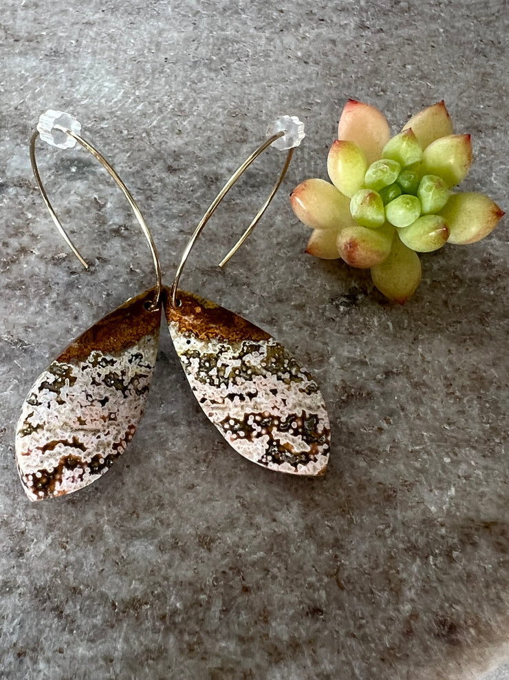 Jasper stone on hoop earrings. Each stone has a unique natural patten and varies in color. These stones are about 2.5cm to 3.5 cm long and are very light, which makes them easy to wear. Every set of earrings are paired with hoops to match, please see main page for specifics.