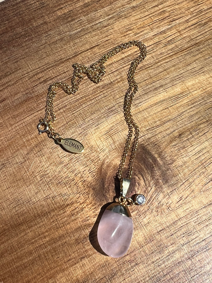 Rose Quartz pendant with small 18k gold and crystal pendant, 16inch (41cm) unique gold chain with Elemant logo emblem attached to the clasp.  Rose quartz is the stone of universal love.
