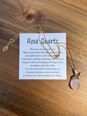 Rose Quartz pendant with small 18k gold and crystal pendant, 16inch (41cm) unique gold chain with Elemant logo emblem attached to the clasp. Rose quartz is the stone of universal love.