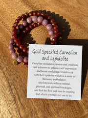 Lightly gold speckled natural Carnelian and Lepidotite bracelet in three stretchy strings and one Elemant gold emblem attached. All three stings come detached from one another for easy wear and comfort.  A description note of the stones meaning is included in the box with each bracelet.