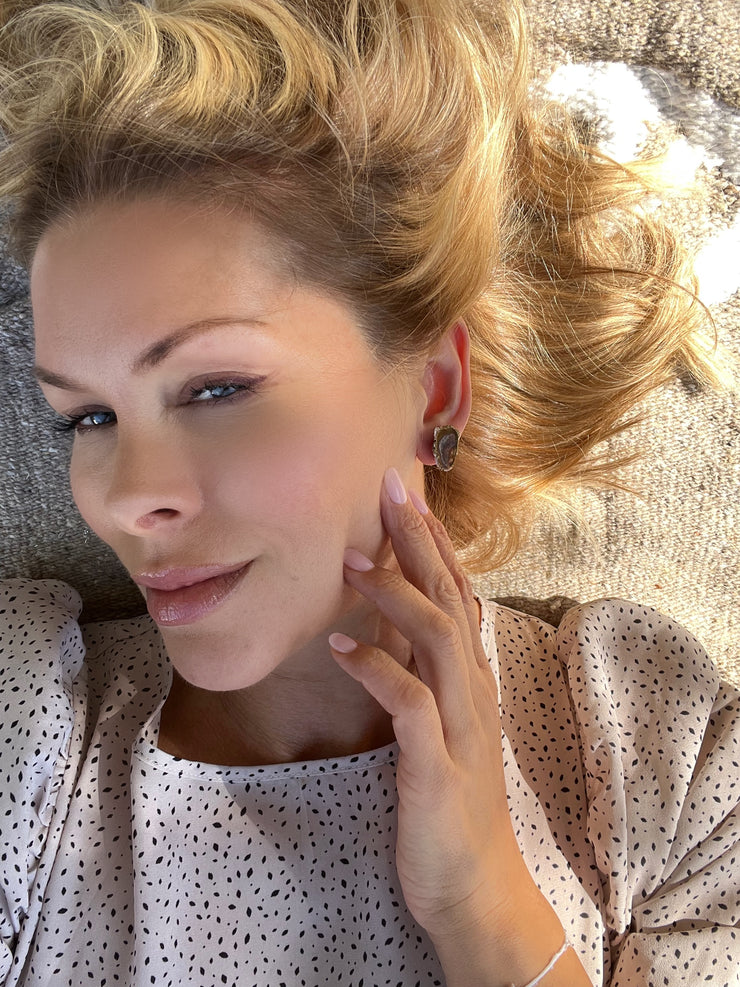 Druzy earrings with visible crystalized formations in naturally shaped variations of size, shape and color and 925 sterling silver stud backing. Picture included for size reference.