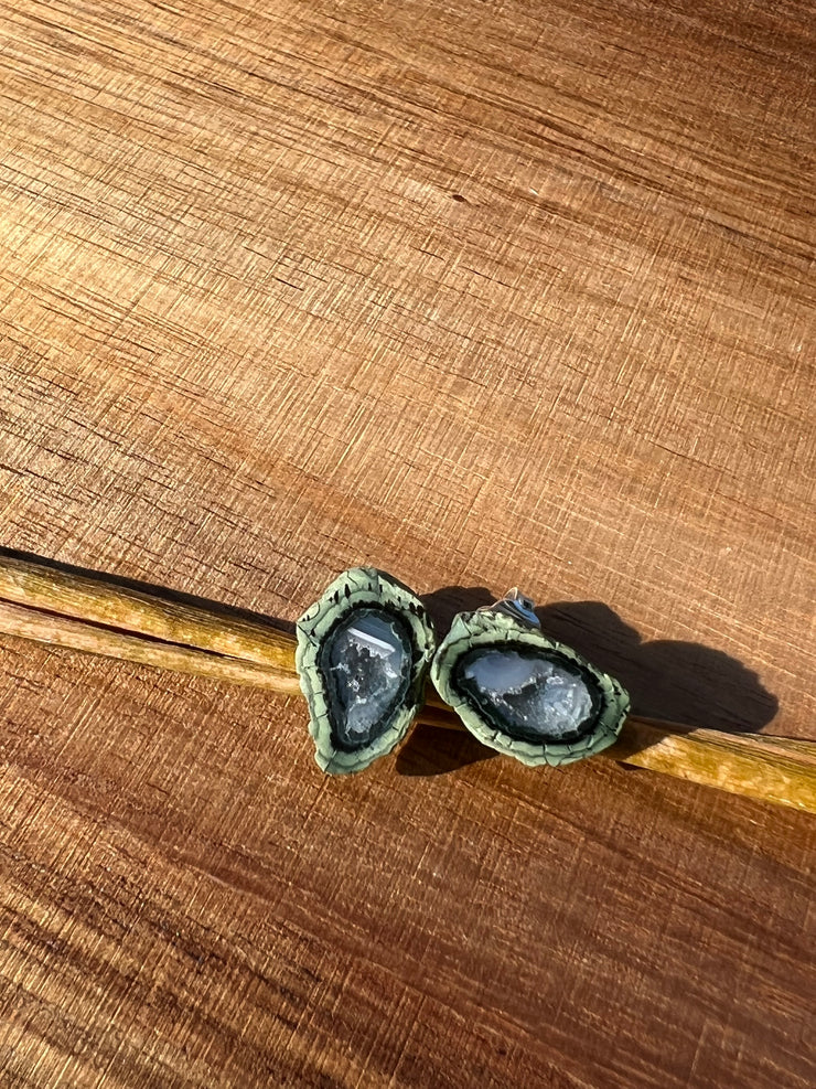Druzy earrings with visible crystalized formations in naturally shaped variations of size, shape and color and 925 sterling silver stud backing.