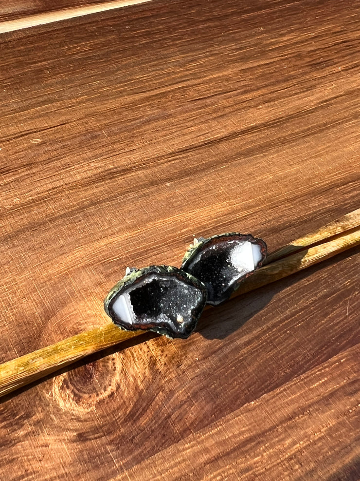 Druzy earrings with visible crystalized formations in naturally shaped variations of size, shape and color and 925 sterling silver stud backing.