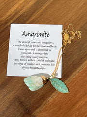 Amazonite Necklace with leaf on a 16inch gold filled chain. Amazonite stands for peace and tranquility as well as courage and truth.