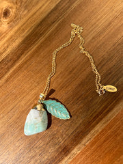 Amazonite Necklace with leaf on a 16inch gold filled chain. Amazonite stands for peace and tranquility as well as courage and truth.