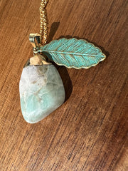 Amazonite Necklace with leaf on a 16inch gold filled chain. Amazonite stands for peace and tranquility as well as courage and truth.