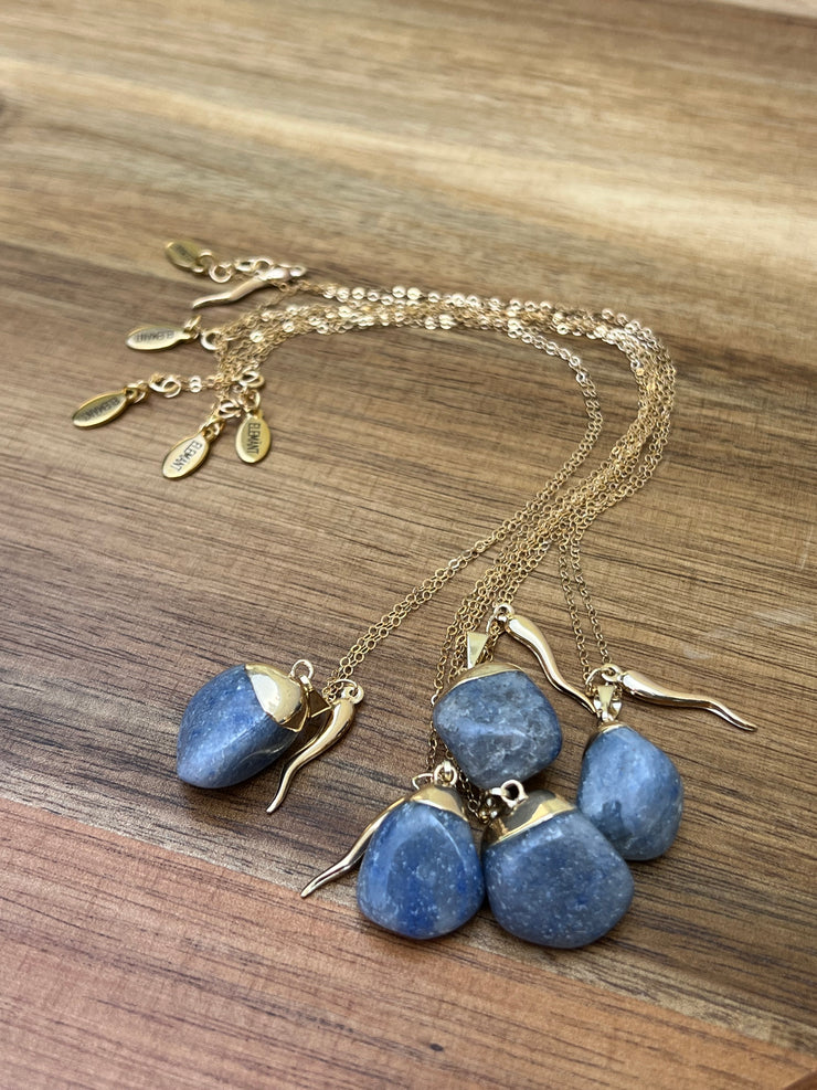 Blue Quartz and gold Jalapeno with 16inch (40.5cm) 14k gold filled chain and the Elemant logo emblem attached at the clasp.  Blue Quartz is the stone of strength and rejuvenation. 