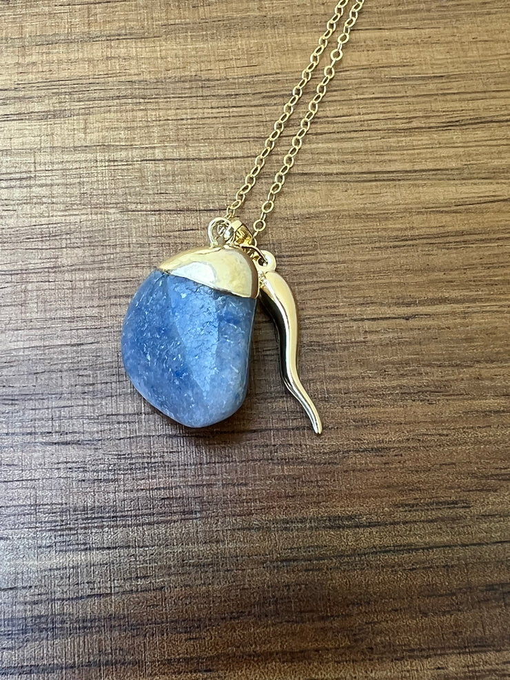 Blue Quartz and gold Jalapeno with 16inch (40.5cm) 14k gold filled chain and the Elemant logo emblem attached at the clasp. Blue Quartz is the stone of strength and rejuvenation.