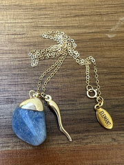 Blue Quartz and gold Jalapeno with 16inch (40.5cm) 14k gold filled chain and the Elemant logo emblem attached at the clasp. Blue Quartz is the stone of strength and rejuvenation.