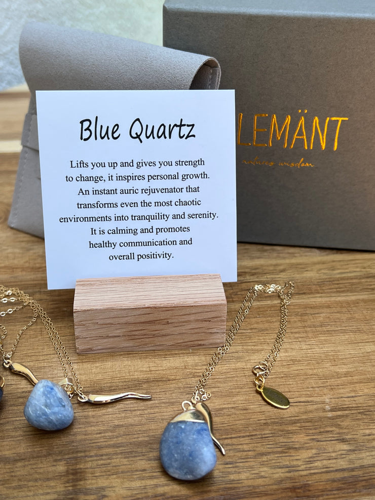 Blue Quartz and gold Jalapeno with 16inch (40.5cm) 14k gold filled chain and the Elemant logo emblem attached at the clasp. Blue Quartz is the stone of strength and rejuvenation.