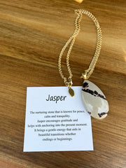 Jasper pendant with thick rope chain in 14k filled gold and an Elemant logo emblem attached at the clasp. The chain is 21 inches (53cm) long. Jasper is a gentle and nurturing stone that stands for peace.
