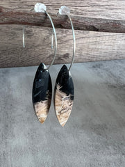 Palm Root stone on hoop earrings. Each stone has a unique natural patten and varies in color. These stones are about 2.5cm to 3.5 cm long and are very light, which makes them easy to wear. Every set of earrings are paired with hoops to match, please see main page for specifics.