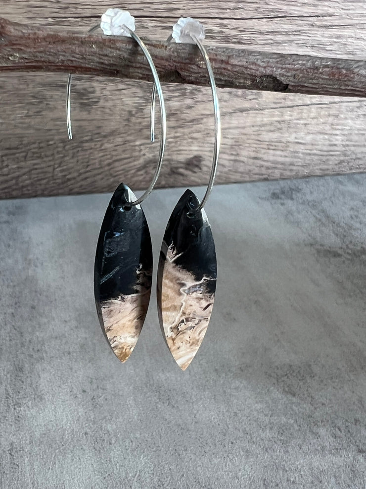 Palm Root stone on hoop earrings. Each stone has a unique natural patten and varies in color. These stones are about 2.5cm to 3.5 cm long and are very light, which makes them easy to wear. Every set of earrings are paired with hoops to match, please see main page for specifics.