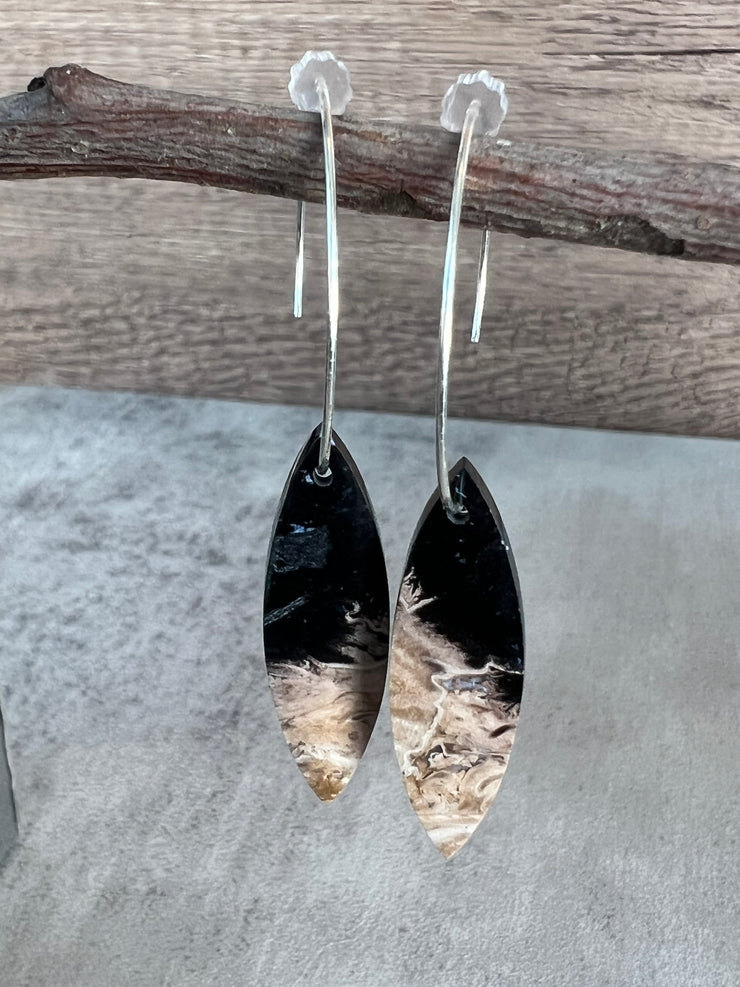 Palm Root stone on hoop earrings. Each stone has a unique natural patten and varies in color. These stones are about 2.5cm to 3.5 cm long and are very light, which makes them easy to wear. Every set of earrings are paired with hoops to match, please see main page for specifics.