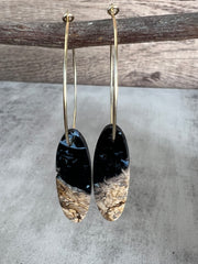 Palm Root stone on hoop earrings. Each stone has a unique natural patten and varies in color. These stones are about 2.5cm to 3.5 cm long and are very light, which makes them easy to wear. Every set of earrings are paired with hoops to match, please see main page for specifics.