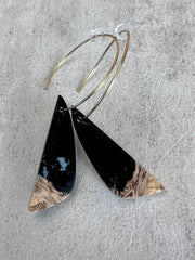 Palm Root stone on hoop earrings. Each stone has a unique natural patten and varies in color. These stones are about 2.5cm to 3.5 cm long and are very light, which makes them easy to wear. Every set of earrings are paired with hoops to match, please see main page for specifics.