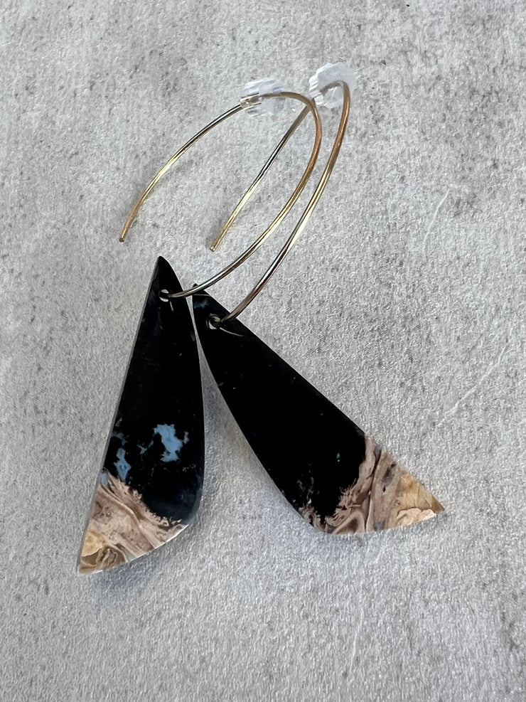 Palm Root stone on hoop earrings. Each stone has a unique natural patten and varies in color. These stones are about 2.5cm to 3.5 cm long and are very light, which makes them easy to wear. Every set of earrings are paired with hoops to match, please see main page for specifics.