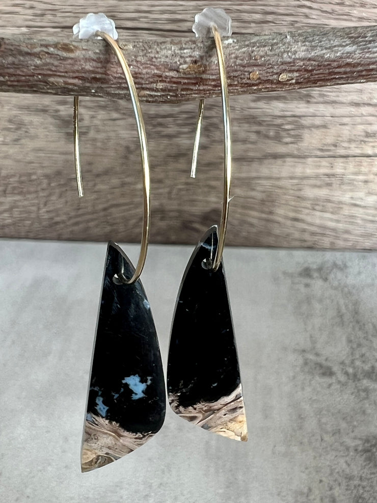 Palm Root stone on hoop earrings. Each stone has a unique natural patten and varies in color. These stones are about 2.5cm to 3.5 cm long and are very light, which makes them easy to wear. Every set of earrings are paired with hoops to match, please see main page for specifics.