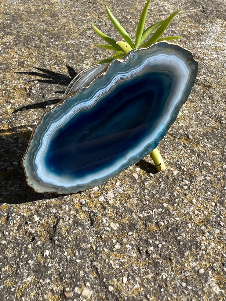 Blue Agate pop socket (popsocket) for use with iphone, androids, ipads, smartphones, and other small tecnical devices. Used for easy grip of electronics as well as a beautiful phone accessory. It is an attachment that easily tapes onto the back of the device and pops in and out as needed for use. These agate slices are natural and pure agate stones imported from Brazil of the highest quality and beautifylly gold dipped on the rim.